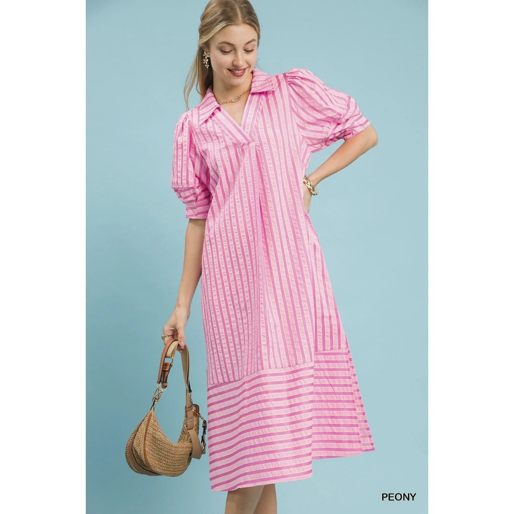 Umgee Striped Puff Sleeve Midi Dress - Peony - Small